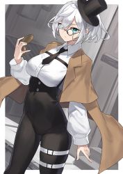 Rule 34 | 1girl, absurdres, black hat, blue eyes, breasts, clock, closed mouth, commentary request, eyes visible through hair, hat, highres, holding, large breasts, long sleeves, looking at viewer, monocle, original, round eyewear, shirt, short hair, solo, standing, white hair, white shirt, yamanokami eaka