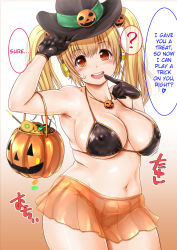 Rule 34 | 1girl, ?, armpits, bikini, blonde hair, blush, breasts, candy, cleavage, covered erect nipples, finger to mouth, food, food-themed hair ornament, ganari ryuu, gloves, hair ornament, halloween, hard-translated, hat, headphones, highres, large breasts, lollipop, looking at viewer, navel, nitroplus, open mouth, orange eyes, plump, pumpkin, pumpkin hair ornament, see-through, short hair, sketch, smile, solo, spoken question mark, super pochaco, sweets, swimsuit, third-party edit, translated, twintails, witch hat