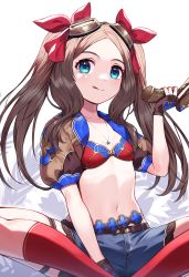 Rule 34 | (fate), (ruler), 1girl, absurdres, bikini, bikini top only, blue eyes, blue shorts, blush, breasts, brown gloves, brown hair, collarbone, da (room), fate/grand order, fate (series), fingerless gloves, forehead, gloves, goggles, gun, hair ribbon, highres, jewelry, kneehighs, leonardo, leonardo da vinci (fate), leonardo da vinci (swimsuit ruler) (fate), long hair, looking at viewer, necklace, parted bangs, puffy short sleeves, puffy sleeves, red bikini, red ribbon, red socks, ribbon, shibainu, short shorts, short sleeves, shorts, shrug (clothing), sidelocks, sitting, small breasts, smile, socks, solo, swimsuit, thighs, tongue, tongue out, twintails, vinci, weapon