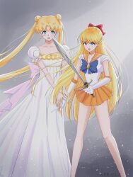 Rule 34 | 2girls, aino minako, bishoujo senshi sailor moon, blonde hair, blue eyes, bow, breasts, choker, cleavage, collarbone, crescent, crying, crying with eyes open, diadem, double bun, dress, earrings, elbow gloves, eyelashes, feet out of frame, female focus, gloves, hair bow, hair bun, hair ornament, highres, holding, holding sword, holding weapon, jewelry, legs, leotard, long hair, long legs, looking at viewer, magical girl, medium breasts, miniskirt, multiple girls, orange choker, orange sailor collar, orange skirt, princess serenity, red bow, sailor collar, sailor senshi uniform, sailor venus, sailormooe630, skirt, standing, sword, tears, tiara, torn clothes, tsukino usagi, twintails, very long hair, weapon, white gloves