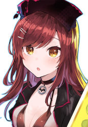 Rule 34 | 1girl, bikini, black choker, black jacket, blue outline, blush, breasts, brown bikini, brown eyes, choker, cleavage, hair ornament, hairclip, hat, idolmaster, idolmaster shiny colors, ikeuchi tanuma, jacket, long hair, looking at viewer, osaki amana, open clothes, open jacket, outline, parted lips, red hair, simple background, solo, swimsuit, upper body, white background