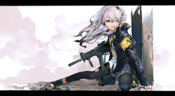 Rule 34 | 1girl, absurdres, alternate hair color, arm support, black footwear, black gloves, black jacket, black pantyhose, blood, blue skirt, boots, brown eyes, commentary request, cuts, fang, fingerless gloves, girls&#039; frontline, gloves, gun, h&amp;k ump, h&amp;k ump, hair between eyes, highres, holding, holding gun, holding weapon, injury, jacket, letterboxed, long hair, one eye closed, one side up, open clothes, open jacket, open mouth, pantyhose, pleated skirt, revision, shirt, silver hair, skirt, solo, torn clothes, torn pantyhose, ump45 (girls&#039; frontline), v-shaped eyebrows, very long hair, weapon, white shirt, yamano (yamanoh)