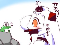 Rule 34 | 10s, abyssal ship, collar, commentary request, enemy aircraft (kancolle), frog, hand up, horns, kantai collection, long hair, mittens, northern ocean princess, orange eyes, rock, sako (bosscoffee), sitting, sitting on head, sitting on person, sitting on rock, translation request