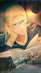 Rule 34 | 1boy, andy bogard, bespectacled, blonde hair, blue eyes, book, character name, dated, desk lamp, glasses, happy birthday, highres, kuren, lamp, long hair, male focus, reading, solo, the king of fighters