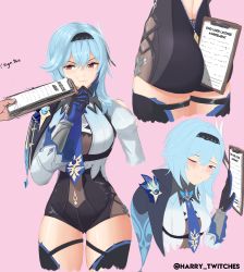 Rule 34 | 1girl, absurdres, ass, backless leotard, between buttocks, blue gloves, blue hair, blue neckwear, blush, bodystocking, cape, clipboard, crying, english text, eula (genshin impact), genshin impact, gloves, hair ornament, hairband, half-closed eyes, harry twitches, high-waist shorts, highres, leotard, long sleeves, name connection, necktie, object namesake, one eye closed, paper, pink background, sad, shorts, simple background, solo focus, thigh strap, thighhighs, twitter username