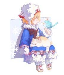 Rule 34 | 1boy, animal, animal on lap, bird, bird on hand, blonde hair, blue bird, blue coat, blush, breath, brown scarf, cat, cat on lap, coat, cross-laced footwear, fat cat (ff14), final fantasy, final fantasy xiv, full body, fur-trimmed coat, fur-trimmed headwear, fur trim, lalafell, looking at another, on lap, puff of air, red eyes, scarf, short hair, simple background, snow boots, snowflakes, solo, user 891095214, warrior of light (ff14), white background