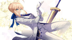 Rule 34 | 1girl, adjusting clothes, adjusting gloves, ahoge, arthur pendragon (fate), arthur pendragon (fate) (cosplay), arthur pendragon (white rose) (fate), artoria pendragon (all), artoria pendragon (fate), avalon (fate/stay night), bad id, bad pixiv id, blonde hair, blue necktie, blue ribbon, braid, breasts, buttons, closed mouth, cosplay, dutch angle, excalibur (fate/stay night), fate/grand order, fate/stay night, fate (series), floral background, formal, french braid, gloves, green eyes, hair between eyes, hair bun, hair ribbon, hand up, jacket, leg up, light particles, long sleeves, looking at viewer, medium breasts, necktie, open clothes, open jacket, pants, pocket, ribbon, saber (fate), short hair, sidelocks, sideways glance, single hair bun, smile, solo, suit, tie clip, touzai (poppin phl95), tsurime, waistcoat, white background, white gloves, white jacket, white pants, white suit, wind