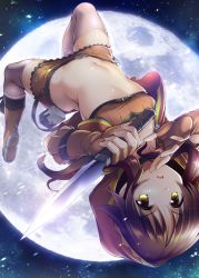 Rule 34 | 10s, 1girl, arched back, boots, brown eyes, brown footwear, brown gloves, brown hair, brown skirt, crop top, dagger, fingerless gloves, frilled skirt, frills, full moon, gloves, hood, idolmaster, idolmaster cinderella girls, knife, long hair, looking at viewer, matching hair/eyes, ment, midriff, miniskirt, moon, navel, night, open mouth, pink thighhighs, reverse grip, skirt, soles, solo, takamori aiko, thighhighs, upside-down, weapon, yellow eyes