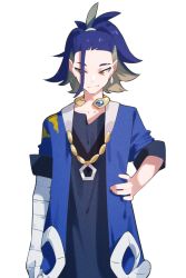 Rule 34 | 1boy, adaman (pokemon), aoi (altea0923), arm wrap, blue coat, blue hair, brown eyes, closed mouth, coat, collar, collarbone, commentary request, creatures (company), earrings, eyebrow cut, game freak, green hair, hand on own hip, jewelry, male focus, neck ring, nintendo, open clothes, open coat, pokemon, pokemon legends: arceus, ponytail, sideways glance, smile, solo, white background