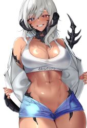Rule 34 | 1girl, abs, absurdres, au ra, bare shoulders, black horns, blue eyes, blush, breasts, cleavage, commentary request, cowboy shot, dark-skinned female, dark skin, denim, denim shorts, dragon girl, dragon horns, dragon tail, final fantasy, final fantasy xiv, grin, hair between eyes, heterochromia, highres, horns, jacket, large breasts, long hair, looking at viewer, navel, open clothes, open fly, open jacket, red eyes, scales, sharp teeth, shhilee, short shorts, shorts, simple background, smile, solo, sports bra, stomach, sweat, tail, teeth, warrior of light (ff14), white background, white hair, white jacket, white sports bra