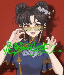 Rule 34 | 1girl, :d, alternate costume, an-an lee, artist name, black hair, blue dress, bracelet, character name, china dress, chinese clothes, chinese knot, claw pose, double bun, dress, fang, flower, glasses, green-tinted eyewear, hair bun, hair flower, hair ornament, hands up, highres, jade (gemstone), jewelry, kitorimoe, looking at viewer, open mouth, parted bangs, red background, red nails, reverse:1999, shadow, short hair, short sleeves, signature, sketch, smile, solo, tassel, tassel hair ornament, tinted eyewear, upper body, yellow-framed eyewear, yellow eyes