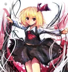 Rule 34 | 1girl, ascot, bad id, bad pixiv id, blonde hair, dot heit, embodiment of scarlet devil, female focus, hair ribbon, outstretched arms, red eyes, ribbon, rumia, short hair, skirt, smile, solo, speed painting, spread arms, touhou, white background
