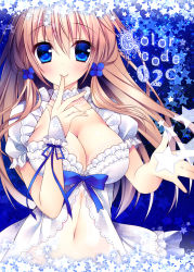Rule 34 | 1girl, :p, blue bow, blue eyes, blush, bow, breasts, brown hair, cleavage, clothing cutout, collarbone, dress, english text, finger to mouth, large breasts, looking at viewer, navel, navel cutout, original, sorai shin&#039;ya, star (symbol), tareme, text focus, tongue, tongue out, traene (sorai shin&#039;ya), white dress, wrist cuffs