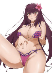 Rule 34 | 1girl, absurdres, bikini, bracelet, breasts, cameltoe, cleavage, error1945, fate/grand order, fate (series), flower, hair flower, hair intakes, hair ornament, hibiscus, highres, jewelry, large breasts, navel, pink bikini, purple bikini, red eyes, scathach (fate), scathach (fate), scathach (fate/grand order), scathach (swimsuit assassin) (fate), simple background, solo, swimsuit, white background