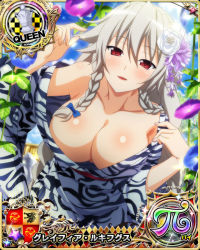 Rule 34 | 1girl, bare shoulders, breasts, card (medium), chess piece, cleavage, collarbone, grayfia lucifuge, grey hair, high school dxd, japanese clothes, large breasts, long hair, mature female, official art, queen (chess), red eyes, solo