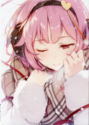 Rule 34 | 1girl, absurdres, black hairband, breath, coat, contemporary, earmuffs, hair ornament, hairband, heart, heart hair ornament, highres, huge filesize, ke-ta, komeiji satori, long sleeves, one eye closed, pink eyes, pink hair, scan, scarf, short hair, simple background, smile, snowing, solo, touhou, translation request, upper body, white background, white coat