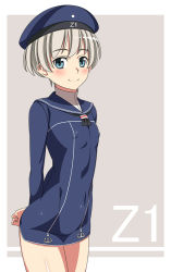 Rule 34 | 10s, 1girl, anchor, blue eyes, blush, character name, clothes writing, dress, covered erect nipples, hat, kantai collection, looking at viewer, military, military uniform, peaked cap, ra-pen, sailor dress, sailor hat, short hair, silver hair, smile, solo, uniform, z1 leberecht maass (kancolle)