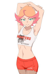 Rule 34 | 1girl, amanda o&#039;neill, arm above head, armpits, blush, breasts, closed mouth, collarbone, green eyes, hooters, little witch academia, looking at viewer, midriff, navel, orange hair, orange shorts, satochi, short hair, shorts, simple background, small breasts, smile, solo, standing, tank top, white background
