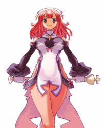 Rule 34 | 1girl, conductor baton, breasts, cross, gloves, hip focus, la pucelle, large breasts, long hair, nippon ichi, pantyhose, pink hair, prier, red eyes, red hair, ryoji (nomura ryouji), short hair, simple background, smile, solo, staff, thighs, white background, wide hips