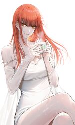 Rule 34 | 1girl, breasts, camisole, chainsaw man, cleavage, coffee mug, collarbone, crossed legs, cup, feet out of frame, floating hair, highres, holding, holding cup, jewelry, large breasts, long hair, looking at viewer, makima (chainsaw man), mug, orange hair, parted lips, ring, ringed eyes, see-through, simple background, smile, solo, solraka, starbucks, straight hair, strap slip, very long hair, white background, white camisole