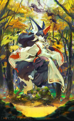 Rule 34 | 1boy, animal ear fluff, animal ears, artist name, autumn, between fingers, black hair, black hakama, black socks, commentary request, day, digitigrade, earrings, forest, fox boy, fox ears, fox tail, from side, full body, furry, furry male, hakama, hakama pants, highres, holding, japanese clothes, jewelry, jumping, leaf, long hair, long sleeves, male focus, midair, murayama ryota, nature, open mouth, original, outdoors, pants, pawpads, salute, shirt, signature, smoke, socks, solo, stirrup legwear, tail, toeless legwear, tree, two-finger salute, two-sided fabric, white shirt, wide sleeves, yellow eyes