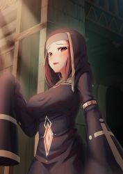 Rule 34 | 1girl, armlet, black dress, blush, breasts, clothing cutout, commentary request, day, dress, habit, highres, large breasts, light rays, looking at viewer, looking down, navel, navel cutout, nun, open mouth, original, outdoors, red eyes, red hair, shoron, short hair, sleeves past fingers, sleeves past wrists, sunbeam, sunlight, upper body