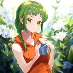 Rule 34 | 1girl, bare arms, bare shoulders, commentary request, cup, fire emblem, fire emblem: the sacred stones, green eyes, green hair, highres, holding, holding cup, jurge, long hair, looking at viewer, nintendo, orange shirt, parted lips, shirt, sleeveless, sleeveless shirt, solo, upper body, vanessa (fire emblem)