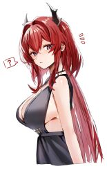 Rule 34 | 1girl, ?, alternate costume, arknights, bare arms, bare shoulders, black dress, breasts, cleavage, closed mouth, dress, hair between eyes, hair intakes, highres, horn/wood, large breasts, long hair, looking at viewer, purple eyes, red hair, simple background, slit pupils, solo, spoken question mark, surtr (arknights), upper body, white background