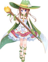 Rule 34 | 1girl, artist request, blue eyes, brown hair, cape, dress, flower, full body, gloves, green cape, green footwear, green gloves, green hat, hair flower, hair ornament, hat, holding, holding wand, long hair, looking at viewer, low twintails, mary janes, official art, oshiro project:re, shoes, sleeveless, sleeveless dress, smile, solo, spis (oshiro project), transparent background, twintails, wand, white dress