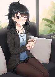 Rule 34 | 1girl, :o, absurdres, ahoge, black eyes, black hair, black jacket, black shorts, blue shirt, blush, brown pantyhose, coffee, coffee mug, collarbone, commentary request, couch, cup, highres, holding, holding cup, idolmaster, idolmaster shiny colors, indoors, jacket, kazano hiori, kurisu-kun, long hair, looking at viewer, mixed-language commentary, mole, mole under mouth, mug, neckerchief, on couch, open clothes, open jacket, pantyhose, pantyhose under shorts, parted lips, pillow, ponytail, shirt, shorts, sitting, solo, steam, striped clothes, striped shorts, vertical-striped clothes, vertical-striped shorts, window