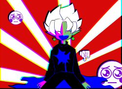 1boy absurdres black_bodysuit black_pants bleeding blood blue_blood bodysuit closed_eyes colored_skin dragon_ball dragon_ball_super earrings emoji fused_zamasu green_skin high_contrast highres injury jewelry long_sleeves multicolored_skin nantekotti open_mouth pants pointy_ears potara_earrings purple_skin smile solo spiked_hair surreal unusual_blood_color white_hair