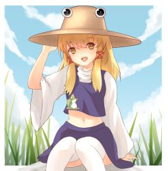 Rule 34 | 1girl, bad id, bad pixiv id, blonde hair, blue sky, cloud, day, grass, hand on headwear, hat, highres, knees together feet apart, legs together, long sleeves, looking at viewer, midriff, moriya suwako, navel, open mouth, outdoors, rock, shirt, sitting, sitting on rock, skirt, skirt set, sky, smile, solo, thighhighs, touhou, vest, white shirt, white thighhighs, x&amp;x&amp;x, yellow eyes