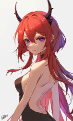 Rule 34 | 1girl, alternate costume, arknights, back, backless dress, backless outfit, bare shoulders, black choker, black jacket, choker, dress, from side, hair between eyes, hair intakes, highres, horns, jacket, lcx123, long hair, looking at viewer, looking to the side, parted lips, purple eyes, red hair, signature, simple background, smile, solo, strap gap, surtr (arknights), upper body, very long hair, white background
