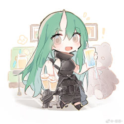 Rule 34 | 1girl, arknights, bag, belt, clothes around waist, cup, drinking straw, eyebrows hidden by hair, food, glass, green eyes, grey eyes, holding, holding bag, holding cup, horns, hoshiguma (arknights), jacket, jacket around waist, long hair, looking at viewer, onigiri, open mouth, pants, renren, single horn, sitting, skin-covered horns, sleeveless, smile, solo, sweat