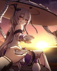 Rule 34 | 1boy, 1girl, alcohol, armor, blush, bodysuit, clothing cutout, commander (nikke), cup, goddess of victory: nikke, grey hair, grin, hat, highres, holding, holding cup, japanese armor, jingasa, kote, large hat, leotard, long hair, looking at viewer, mhunter 45, orange sky, outdoors, scarlet (nikke), shoulder armor, signature, sky, smile, sode, solo, sunset, sword, weapon, white bodysuit, white leotard, yellow eyes