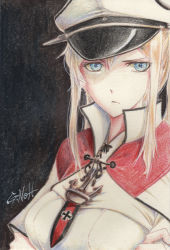 Rule 34 | &gt;:/, 10s, 1girl, :/, anchor symbol, artist name, black background, blonde hair, blue eyes, capelet, closed mouth, commentary request, cross, crossed arms, eyelashes, eyes visible through hair, front-tie top, graf zeppelin (kancolle), hair between eyes, hair over shoulder, hat, highres, iron cross, kantai collection, long hair, looking at viewer, millipen (medium), necktie, parted bangs, peaked cap, popped collar, postcard, shirt, sidelocks, simple background, solo, tesun (g noh), traditional media, upper body, v-shaped eyebrows, watercolor pencil (medium), white shirt