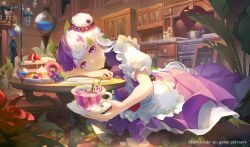 Rule 34 | 1girl, apron, autumn (takt op.), blunt bangs, cup, double bun, doughnut, dress, flower, food, frilled apron, frilled sleeves, frills, fruit, grapes, hair bun, hair ornament, highres, holding, holding cup, leaf hair ornament, looking at viewer, multicolored hair, official art, puffy short sleeves, puffy sleeves, purple dress, purple hair, red flower, red rose, rose, saucer, short sleeves, smile, takt op., two-tone hair, waist apron, white apron, white hair