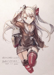 Rule 34 | 10s, 1girl, amatsukaze (kancolle), bad id, bad pixiv id, black panties, blonde hair, choker, garter straps, gloves, hair ornament, kantai collection, long hair, looking at viewer, marker (medium), panties, pantyshot, pemu, pomon illust, rensouhou-kun, salute, scan, single glove, solo, striped clothes, striped thighhighs, thighhighs, traditional media, translation request, twintails, two side up, underwear, yellow eyes, zettai ryouiki
