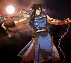Rule 34 | 1boy, absurdres, black gloves, blue eyes, castlevania (series), chain, chain whip, closed mouth, cloud, cowboy shot, cross, fingerless gloves, flail, full moon, gloves, hairband, headband, highres, holding, holding weapon, ishmi, konami, looking at viewer, male focus, moon, muscular, night, outdoors, outstretched arms, pants, richter belmont, short hair, smile, solo, standing, torn clothes, torn sleeves, v-shaped eyebrows, weapon, whip, white hairband, white pants