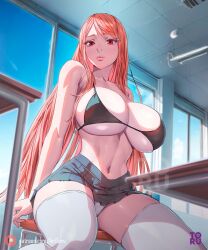 Rule 34 | 1girl, artist name, arttoru, bare arms, bikini, bikini top only, bleach, blue sky, breasts, chair, classroom, closed mouth, hair ornament, hairclip, highres, indoors, inoue orihime, large breasts, lips, long hair, looking at viewer, navel, orange hair, panties, pleated skirt, red eyes, sitting, skirt, sky, solo, swimsuit, table, thighhighs, underwear, white panties, white thighhighs, window