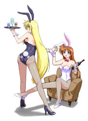Rule 34 | 00s, 2girls, alcohol, animal ears, ass, blonde hair, bottle, bow, bowtie, breasts, cleavage, couch, cup, detached collar, drinking glass, fake animal ears, fate testarossa, fishnet pantyhose, fishnets, high heels, interlocked fingers, leotard, long hair, lyrical nanoha, mahou shoujo lyrical nanoha, mahou shoujo lyrical nanoha strikers, multiple girls, pantyhose, playboy bunny, rabbit ears, rabbit tail, shoes, sitting, smile, takamachi nanoha, takami, takami (manda), tray, very long hair, waitress, wine, wine bottle, wine glass, wrist cuffs