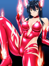 Rule 34 | 1girl, alternate costume, bare shoulders, black hair, breasts, choker, cosplay, covered navel, cthugha (nyaruko-san), cthugha (nyaruko-san) (cosplay), elbow gloves, fire, gloves, haiyore! nyaruko-san, highres, kagari ayaka, large breasts, long hair, power connection, sen (sansui), shiny clothes, solo, witch craft works, yellow eyes