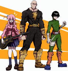 Rule 34 | 1girl, 2boys, absurdres, bald, bandaged arm, bandages, black adam, black adam (movie), black bodysuit, black eyes, black hair, black skirt, black socks, blue eyes, blue footwear, blunt bangs, bocchi the rock!, bodysuit, boots, bowl cut, brown footwear, commentary, dc comics, dc extended universe, electric guitar, english commentary, gibson les paul, gotoh hitori, green jumpsuit, guitar, highres, holding, holding instrument, instrument, jacket, jumpsuit, kekel, kneehighs, leg warmers, lightning bolt print, loafers, long hair, long sleeves, multiple boys, muscular, muscular male, name connection, naruto (series), one side up, open mouth, pink hair, pink jacket, pleated skirt, rock lee, shoes, skirt, socks, standing, the rock (dwayne johnson)
