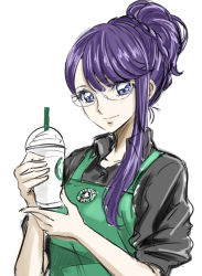 Rule 34 | 1girl, black shirt, blue eyes, braid, closed mouth, collared shirt, dress shirt, glasses, heartcatch precure!, high ponytail, holding, long hair, looking at viewer, precure, purple hair, rimless eyewear, shirt, simple background, sketch, sleeves rolled up, smile, solo, starbucks, swept bangs, tsukikage oyama, tsukikage yuri, upper body, white background, wing collar