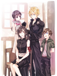 Rule 34 | 2boys, 2girls, absurdres, apron, arm ribbon, armor, bare shoulders, belt, black gloves, black hair, black pants, black shorts, blonde hair, blue eyes, breasts, brown eyes, brown hair, chair, child, closed mouth, cloud strife, crop top, denzel (ff7), detached sleeves, family, final fantasy, final fantasy vii, final fantasy vii advent children, gloves, hair ribbon, hand in another&#039;s hair, high collar, highres, holding another&#039;s hair, indoors, long hair, looking at another, marlene wallace, medium breasts, midriff peek, mizuamememe, multiple boys, multiple girls, navel, open mouth, pants, pink ribbon, red eyes, ribbed sweater, ribbon, shirt, shorts, shoulder armor, single bare shoulder, single detached sleeve, sitting, sleeveless, smile, spiked hair, sweatdrop, sweater, swept bangs, teeth, tifa lockhart, turtleneck, turtleneck sweater, undershirt, upper teeth only, waist apron, wooden chair