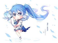 Rule 34 | 1girl, :o, absurdres, arm tattoo, bare arms, blue eyes, blue hair, blue ribbon, blue skirt, blue theme, chibi, cleavage cutout, clothing cutout, dress, full body, hair between eyes, hatsune miku, highres, holding, long hair, looking at viewer, print dress, qinghua (porcelain), rei musume, ribbon, ripples, short dress, side slit, simple background, skirt, skirt under dress, sleeveless, sleeveless dress, solo, standing, standing on liquid, standing on one leg, tattoo, twintails, vase, very long hair, vocaloid, white background, white dress, white footwear, wrist ribbon
