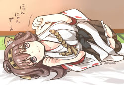 Rule 34 | 10s, 1girl, ahoge, animal ears, bare shoulders, brown eyes, brown hair, brown thighhighs, cat ears, hairband, highres, kantai collection, kemonomimi mode, kongou (kancolle), looking at viewer, lying, nontraditional miko, on side, ryuki (ryukisukune), skirt, smile, solo, thighhighs