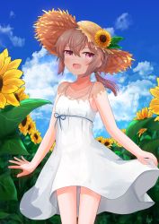 Rule 34 | 1girl, absurdres, blue sky, blush, cloud, cloudy sky, day, dress, flower, flower on head, flower ornament, girls&#039; frontline, hat, highres, lexis yayoi, light purple hair, looking at viewer, low ponytail, m200 (girls&#039; frontline), open mouth, panties, ponytail, purple eyes, see-through, shadow, sky, smile, solo, standing, straw hat, sun hat, sundress, sunflower, underwear, white dress