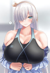 Rule 34 | 1girl, anastasia (fate), blue eyes, blush, breasts, cleavage, competition swimsuit, fate/grand order, fate (series), gachou, hair over one eye, highres, huge breasts, large breasts, long hair, looking at viewer, one-piece swimsuit, solo, swimsuit, upper body, white hair