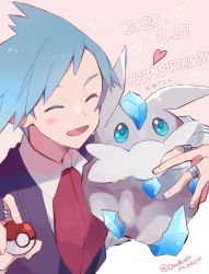 Rule 34 | 1boy, :d, blue hair, blush, carbink, closed eyes, collared shirt, commentary request, creatures (company), dated, game freak, gen 6 pokemon, hands up, happy birthday, heart, highres, holding, holding poke ball, holding pokemon, jacket, jewelry, male focus, misha (ohds101), necktie, nintendo, open mouth, poke ball, poke ball (basic), pokemon, pokemon (creature), pokemon oras, red necktie, ring, shirt, short hair, smile, spiked hair, steven stone, tongue, upper body, white shirt